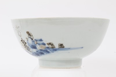 Lot 133 - Chinese Nanking cargo porcleain bowl, decorated in underglaze blue and enamels with a landscape scene, collection label to base, 15cm diameter