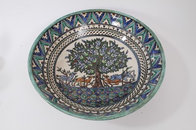 Lot 134 - Middle Eastern bowl, decorated with animals under a tree, patterned ground, 36cm diameter