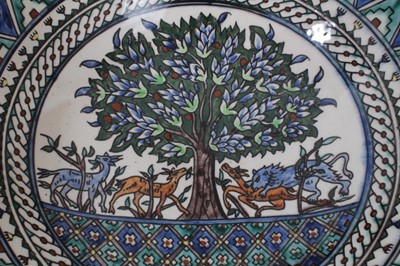 Lot 134 - Middle Eastern bowl, decorated with animals under a tree, patterned ground, 36cm diameter