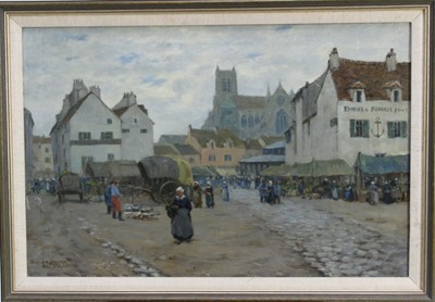 Lot 1054 - George Charles Francis (1860-?), three oils on canvas - French townscapes, one inscribed Vethuil, each signed, 34cm x 52cm, 38cm x 29cm and 29cm x 39cm, framed