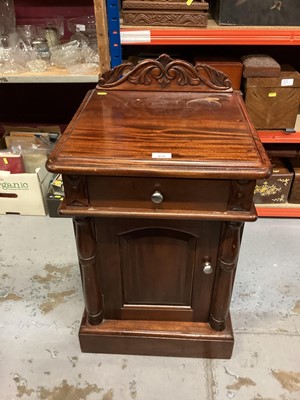 Lot 878 - Pair of Victorian-style mahogany bedside cupboards, each with rear gallery and frieze drawer over panelled cupboard door on plinth base, 44cm wide x 45cm deep x 63cm high