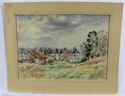 Lot 1166 - Arawhinoa Ella Constable (1893-1966) watercolour - 'Storm Blowing Up, The Lodge Hotel. Dedham', initialled, titled and inscribed with 1962 provenance verso, 25cm x 35cm, mounted