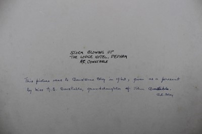 Lot 1166 - Arawhinoa Ella Constable (1893-1966) watercolour - 'Storm Blowing Up, The Lodge Hotel. Dedham', initialled, titled and inscribed with 1962 provenance verso, 25cm x 35cm, mounted