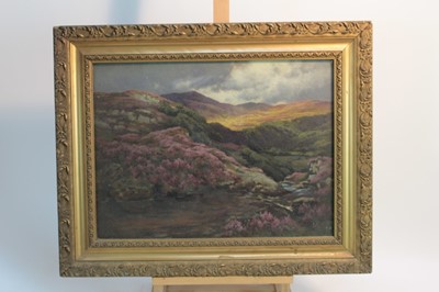 Lot 159 - English School, early 20th century, oil on canvas - Moorland Landscape, indistinctly signed, 37cm x 49cm, in glazed gilt frame