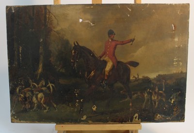 Lot 151 - Late 19th century oil on canvas hunting scene, three other oils on canvas and an oil on tin over a printed surface (each a/f) (5)