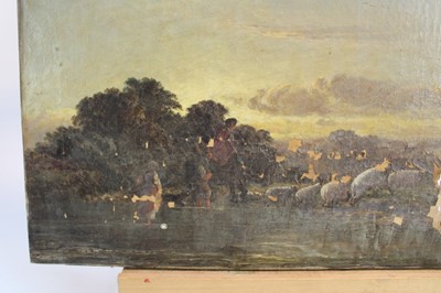 Lot 151 - Late 19th century oil on canvas hunting scene, three other oils on canvas and an oil on tin over a printed surface (each a/f) (5)