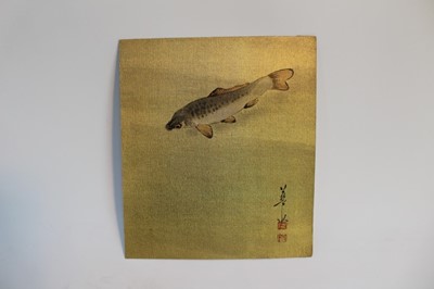 Lot 148 - Early/mid 20th century Japanese School ink and watercolour on gold fabric laid on card - A Carp, signed, unframed 21cm x 18cm