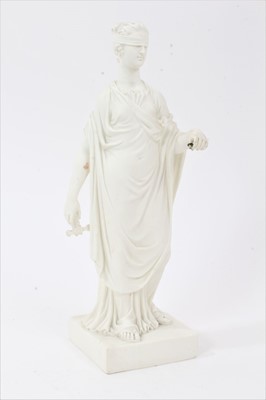 Lot 143 - Scarce 18th century Derby biscuit porcelain figure of Lady Justice, on square base with incised marks to base and numbered 162, 25.5cm in overall height.