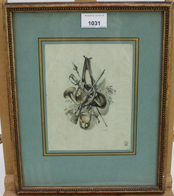 Lot 1031 - Late 18th century ink and watercolour - Trophy of Arms, dated 1796, with collectors stamp lower right, 17cm x 13.5cm, in glazed gilt frame, label verso stating 'Bought from Charles Hammond 1957'