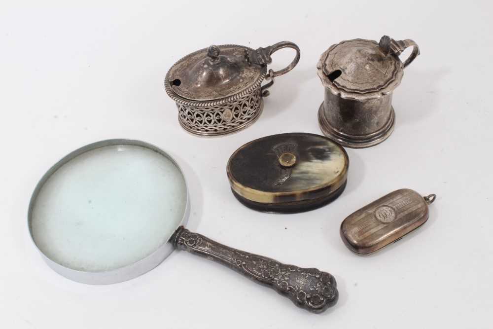 Lot 866 - 19th century Scottish horn snuff box, two silver mustard pots and silver handled magnifying glass.