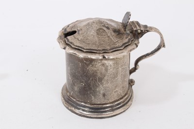 Lot 866 - 19th century Scottish horn snuff box, two silver mustard pots and silver handled magnifying glass.