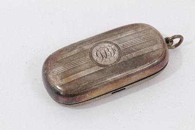 Lot 866 - 19th century Scottish horn snuff box, two silver mustard pots and silver handled magnifying glass.