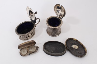 Lot 866 - 19th century Scottish horn snuff box, two silver mustard pots and silver handled magnifying glass.