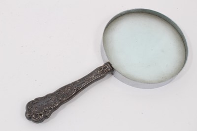 Lot 866 - 19th century Scottish horn snuff box, two silver mustard pots and silver handled magnifying glass.