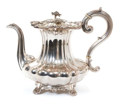 Lot 437 - Regency period Old Sheffield Plate coffee pot of fluted baluster form, with foliate rim