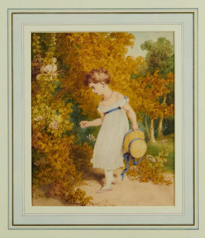 Lot 1069 - Manner of Richard Westall (1765-1836) watercolour - a girl in woodland, 22cm x 18cm, in glazed frame