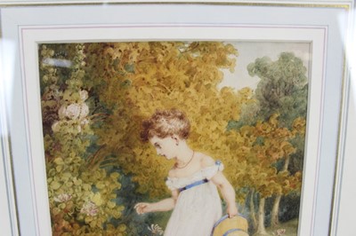 Lot 1069 - Manner of Richard Westall (1765-1836) watercolour - a girl in woodland, 22cm x 18cm, in glazed frame