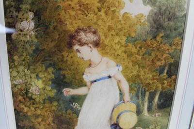 Lot 1069 - Manner of Richard Westall (1765-1836) watercolour - a girl in woodland, 22cm x 18cm, in glazed frame