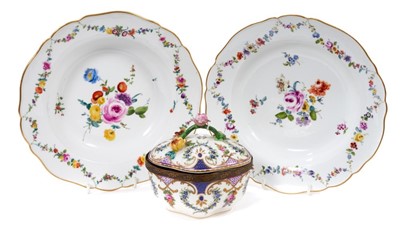 Lot 248 - Two Meissen deep dishes, circa 1775, polychrome painted with floral sprays and swags, with gilt painted scalloped rims, crossed swords marks, 22.5cm diameter, together with a Dresden inkwell (3)