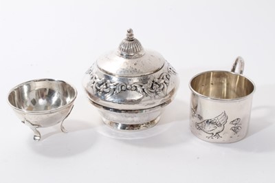 Lot 453 - Scandinavian silver box of circular form with spot hammered finish and other items