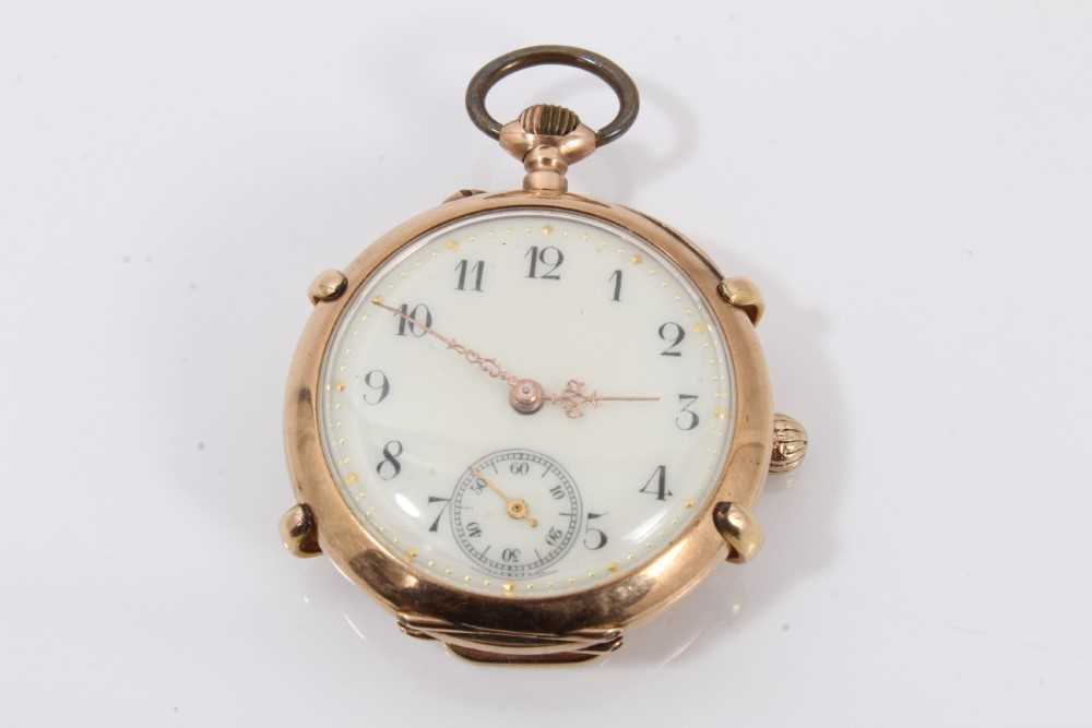 Lot 731 - Early 20th century Swiss 9ct gold fob watch with circular white enamel dial in 9ct gold case with applied wristwatch conversion