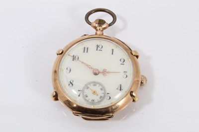 Lot 731 - Early 20th century Swiss 9ct gold fob watch with circular white enamel dial in 9ct gold case with applied wristwatch conversion