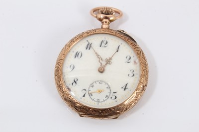 Lot 732 - Early 20th century Swiss 14ct rose gold fob watch with white enamel dial in rose gold case