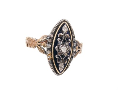 Lot 652 - Georgian/antique diamond and blue enamel ring, the marquise shape bezel with applied rose cut diamond floral cluster on a cobalt blue enamel ground surrounded by a rose cut diamond border in silver...