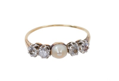 Lot 653 - Pearl and diamond five stone ring with a central button pearl measuring approximately 4.2-5mm, flanked by four old cut diamonds in claw setting on gold shank, estimated total diamond weight approxi...