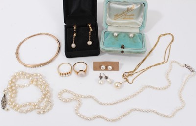 Lot 655 - Group of cultured pearl jewellery to include two cultured pearl necklaces, two gold and pearl rings, pairs of earrings, pendant on gold chain and gold mounted dress studs