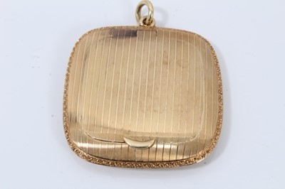 Lot 659 - 1920s gold pendant locket/pill box of square cushion shape with engine turned decoration, test as approximately 14ct gold.