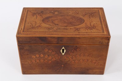 Lot 897 - George III satinwood and marquetry inlaid tea caddy, with sprig inlaid hinged top enclosing twin lidded compartments, 18.5cm wide