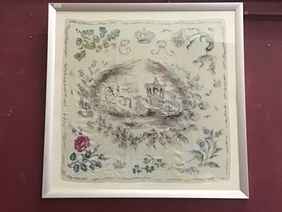 Lot 2214 - Oliver Messel Coronation silk scarf, framed and  glazed.