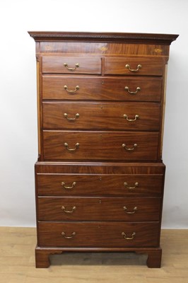 Lot 1408 - 19th century mahogany chest on chest with moulded dentil cornice above two short and six long drawers, flanked by satinwood and barber pole inlaid panels, on bracket feet