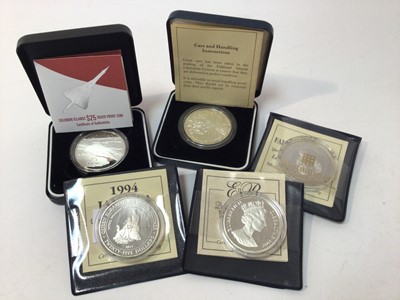 Lot 421 - World - Mixed silver proof Crown sized coins to include Falkland Islands - Liberation 1982, Lady of the Century, The Queen Mother 1995, Jamaica Lady of the Century, The Queen Mother 1994, Gibraltar...