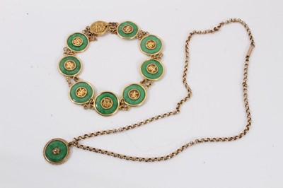 Lot 705 - Antique Chinese gold and green jade bracelet and pendant, the bracelet with eight green jade bi discs with gold mounts and gold. Chinese characters with gold clasp stamped 'W.H 20', approximately 2...