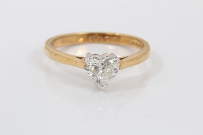 Lot 707 - Diamond single stone ring with a heart shaped diamond estimated to weigh approximately 0.50cts in claw setting on 18ct yellow gold shank. Sheffield 1990.