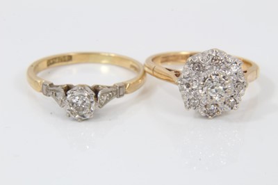 Lot 710 - Two diamond and 18ct gold rings, one with a flower head cluster of single cut diamonds and the other with a single brilliant cut diamond, both with platinum setting on 18ct yellow gold shank. Sizes...