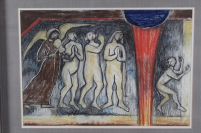 Lot 1283 - *Valerie Thornton (1931- 1991) pastel study for painting - Procession, Lavardin, 1989/90, label verso, in glazed frame. 45cm x 65cm