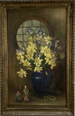 Lot 331 - English School oil on canvas still life- flowers in vase with ornaments, circa 1900, signed with monogram, in gilt frame. 75cm x 44cm