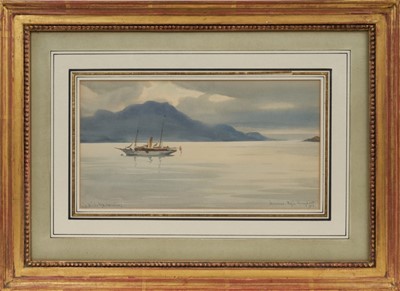 Lot 1199 - William Alister Macdonald (1861-1948) watercolour - Schooner Vanessa at anchor off the coast, signed, inscribed and dated 1913, the vessels history verso, 13.5cm x 24.5cm, in glazed gilt frame