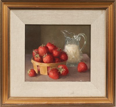 Lot 1179 - *Gerald Norden (1912-2000) oil on board, Still life of strawberries and cream, signed, 16.5 x 18cm, framed