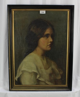 Lot 205 - Amy Craister of Leeds (late 19th / early 20th century) oil on canvas, portrait of a young woman, inscribed to stretcher ' A Craister', stencil for E. S. K. (examined South Kensington), 56 x 40cm, g...