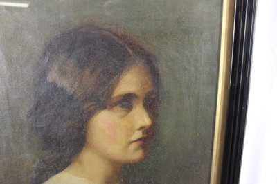 Lot 205 - Amy Craister of Leeds (late 19th / early 20th century) oil on canvas, portrait of a young woman, inscribed to stretcher ' A Craister', stencil for E. S. K. (examined South Kensington), 56 x 40cm, g...