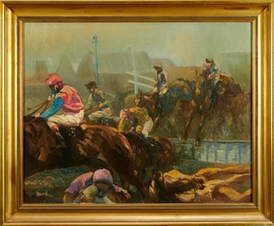 Lot 1007 - *Peter Howell (b.1932) oil on canvas - Racing, in gilt frame