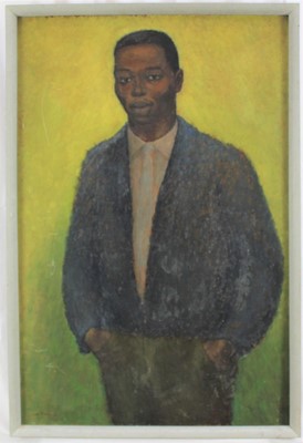 Lot 1281 - Joseph Robinson (1910- 1986) oil on board - standing man in blue blazer, signed and dated 61, framed, sold with exhibition catalogue illustrating the work