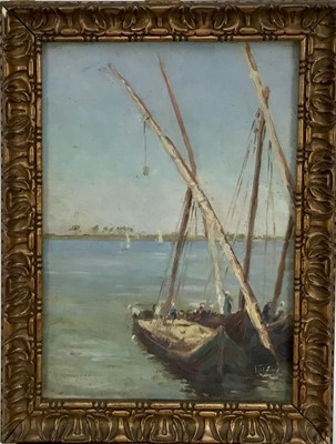 Lot 259 - Early 20th century oil on canvas laid on panel - vessels on an Eastern river, indistinctly signed, 34cm x 24cm, in glazed gilt frame