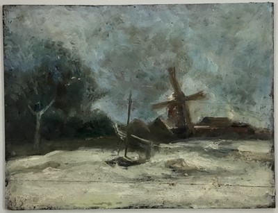 Lot 260 - 19th century oil on panel - snow covered landscape with a windmill, indistinctly signed, 28cm x 36cm, framed