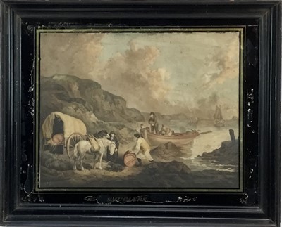 Lot 329 - After George Morland, pair of coloured stippled engravings - Smugglers and Fishermen, both in glazed frames