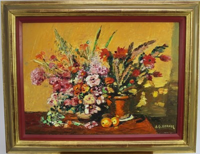 Lot 146 - A. G. Horner, mid 20th century, oil on board - "Floral Glory", signed, 34cm x 46cm, in gilt frame